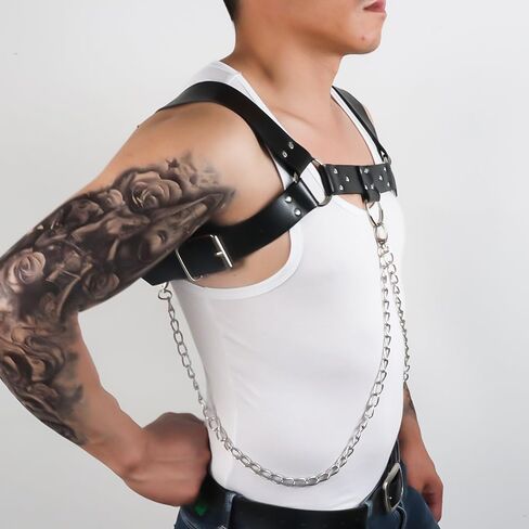Men Chest Harness Men's Harness Belt with Chain Sexy Punk Body Harness Belt Buckle Clothes Outfits Shoulder Straps with Buckle Nightclub Cosplay Clubwear Mardi Gras Valentine's Day Gift in Saudi Arabia
