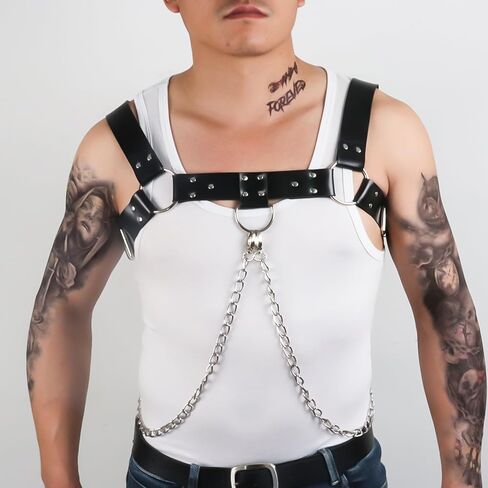 Men Chest Harness Men's Harness Belt with Chain Sexy Punk Body Harness Belt Buckle Clothes Outfits Shoulder Straps with Buckle Nightclub Cosplay Clubwear Mardi Gras Valentine's Day Gift in Saudi Arabia
