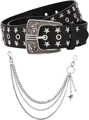 2Pcs Black Y2k Studded Belt with Rivet Pants Chain, Punk Grunge EMO Leather Belt for Women Men,Y2k Accessories in Saudi Arabia