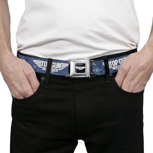Top Gun Belt, Seatbelt Buckle Belt, Top Gun Maverick Title Logo and Icons Blues White, 30 to 44 Inches in Kuwait