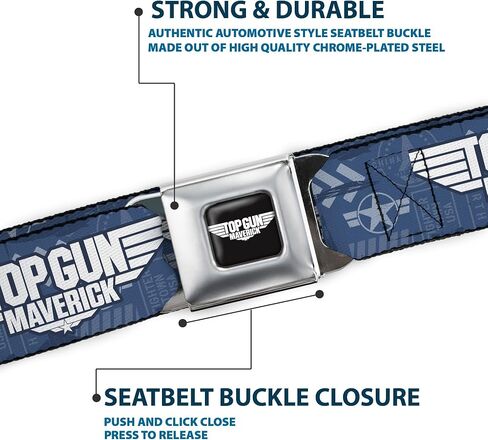 Top Gun Belt, Seatbelt Buckle Belt, Top Gun Maverick Title Logo and Icons Blues White, 30 to 44 Inches in Kuwait