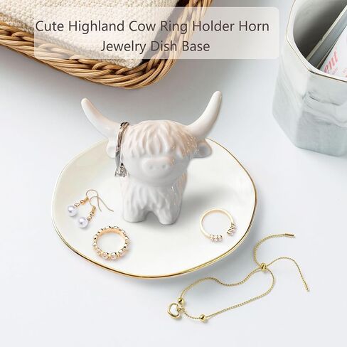 Ceramic Highland Cow Ring Holder, Cute Farmhouse Jewelry Dish for Rings Earrings Necklace, Highland Cow Décor for Bathroom Vanity Dresser,Birthday Unique Cow Gifts for Women Mom Friends,4" in Saudi Arabia