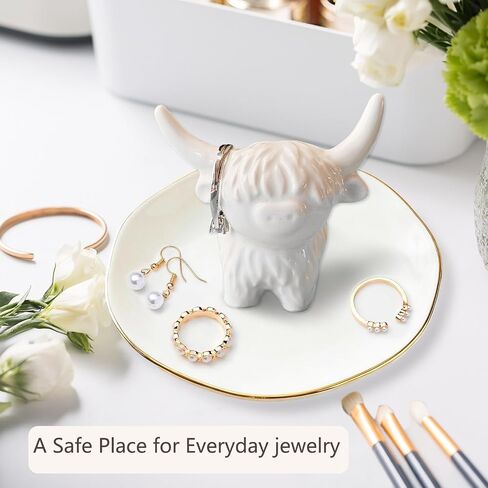 Ceramic Highland Cow Ring Holder, Cute Farmhouse Jewelry Dish for Rings Earrings Necklace, Highland Cow Décor for Bathroom Vanity Dresser,Birthday Unique Cow Gifts for Women Mom Friends,4" in Saudi Arabia