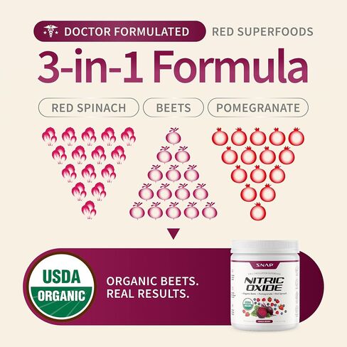 Snap Supplements USDA مسحوق جذر البنجر العضوي، مكملات أكسيد النيتريك للرجال والنساء مع الرمان والسبانخ الأحمر، يدعم تدفق الدم الصحي والطاقة الخالية من الكافيين، التوت المختلط، 30 حصة in Kuwait