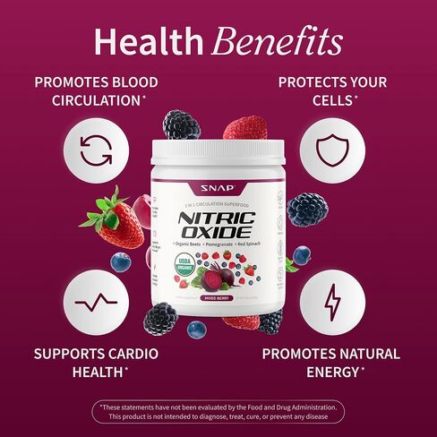 Snap Supplements USDA مسحوق جذر البنجر العضوي، مكملات أكسيد النيتريك للرجال والنساء مع الرمان والسبانخ الأحمر، يدعم تدفق الدم الصحي والطاقة الخالية من الكافيين، التوت المختلط، 30 حصة in Kuwait