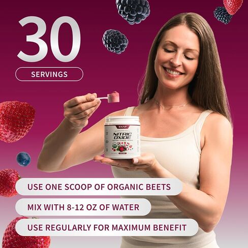Snap Supplements USDA مسحوق جذر البنجر العضوي، مكملات أكسيد النيتريك للرجال والنساء مع الرمان والسبانخ الأحمر، يدعم تدفق الدم الصحي والطاقة الخالية من الكافيين، التوت المختلط، 30 حصة in Kuwait