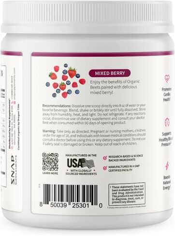 Snap Supplements USDA مسحوق جذر البنجر العضوي، مكملات أكسيد النيتريك للرجال والنساء مع الرمان والسبانخ الأحمر، يدعم تدفق الدم الصحي والطاقة الخالية من الكافيين، التوت المختلط، 30 حصة in Kuwait