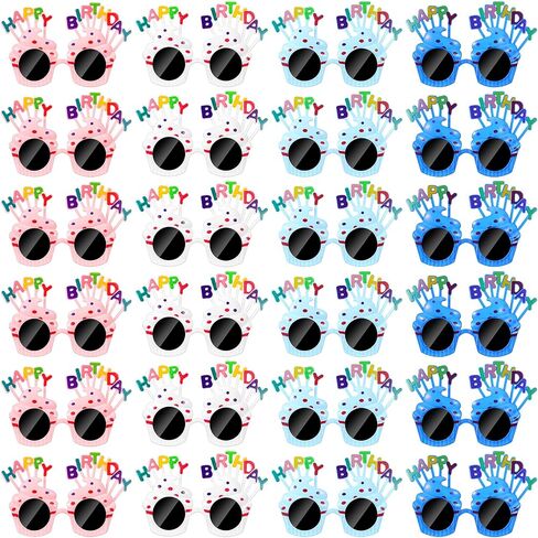 24 Pairs Birthday Glasses with Sweet Cream Cake Design - Funny Photo Props & Party Favors for Adults Celebration (White, Pink, Blue, Dark Blue) - 6 Each Color in Kuwait