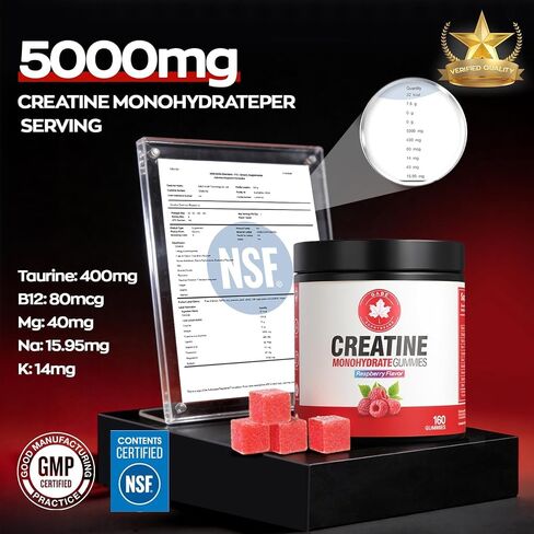 Creatine Gummies, (160 Count) NSF Certified, 5000mg Creatine Monohydrate per Serving withTaurine & B12, Raspberry Flavor, for Men & Women in Kuwait