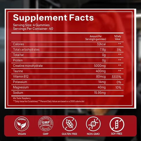 Creatine Gummies, (160 Count) NSF Certified, 5000mg Creatine Monohydrate per Serving withTaurine & B12, Raspberry Flavor, for Men & Women in Kuwait