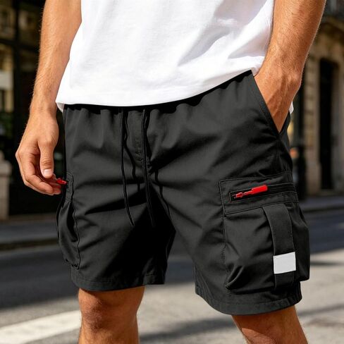 Men Cargo Shorts with Pockets Drawstring Lightweight Knee Length Casual Work Short Elastic Waist Summer Hiking Pant Black in Kuwait