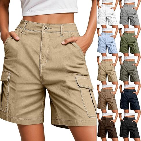 Women's Cargo Shorts with Pockets Plus Size Knee Length Elastic Waist Shorts Summer Casual Bermuda Work Pants in Kuwait