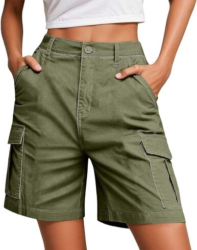 Womens Shorts 9 Inch Inseam with Pockets Bermuda Cargo Shorts Knee Length 6 Pocket Elastic Waist Summer Casual Pants in Saudi Arabia