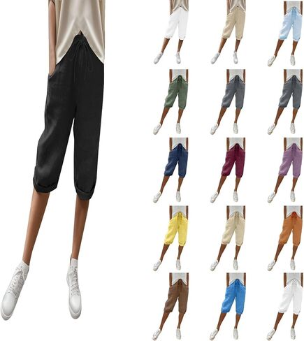 Linen Bermuda Shorts for Women Knee Length Shorts with Pockets Casual Summer Elastic Waist Cropped Wide Leg Pants in Saudi Arabia