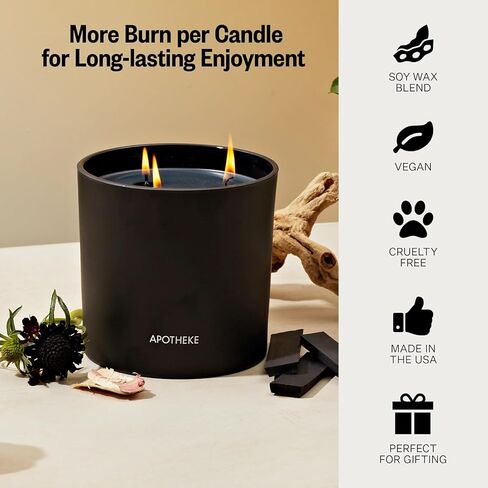 Apotheke 3-Wick Scented Candles for Home, Charcoal - 26 oz Soy Wax Jar Black Candle Gift for Women - Long-Lasting Fragrance with Perfume-Grade Essential Oils - Cedarwood, Sandalwood, Oud & Amber in Saudi Arabia