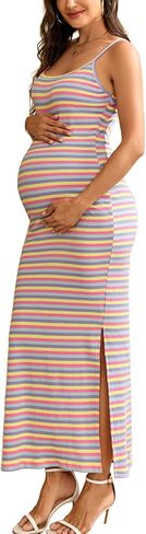 AISWI Maternity Bodycon Maxi Dress Spaghetti Strap Ribbed Pregnancy Sundress with Side Slits for Baby Shower Casual in Saudi Arabia