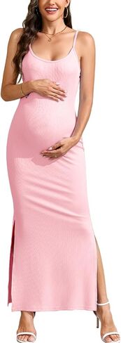 AISWI Maternity Bodycon Maxi Dress Spaghetti Strap Ribbed Pregnancy Sundress with Side Slits for Baby Shower Casual in Saudi Arabia