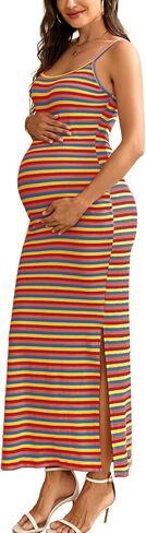 AISWI Maternity Bodycon Maxi Dress Spaghetti Strap Ribbed Pregnancy Sundress with Side Slits for Baby Shower Casual in Saudi Arabia