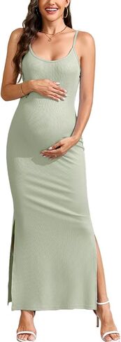 AISWI Maternity Bodycon Maxi Dress Spaghetti Strap Ribbed Pregnancy Sundress with Side Slits for Baby Shower Casual in Saudi Arabia