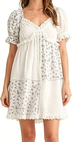 Women's Boho Floral Babydoll Mini Dress Summer Casual Short Puff Sleeve Lace Eyelet Patchwork Flowy A Line Sundress in Saudi Arabia
