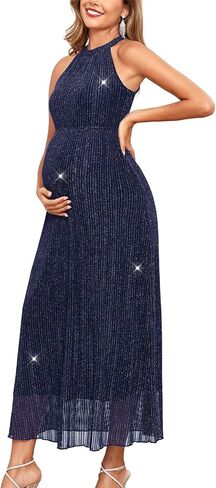 AISWI Maternity Sparkly Mesh Dress Halter Neck Sleeveless A Line Pregnancy Dresses Semi Formal Baby Shower Photoshoot in Saudi Arabia