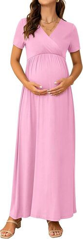 Maternity Nursing Maxi Dress, Short Sleeve Wrap V Neck for Spring Summer Baby Shower Photoshoot Wedding Guest in Saudi Arabia