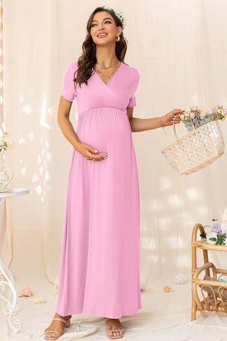 Maternity Nursing Maxi Dress, Short Sleeve Wrap V Neck for Spring Summer Baby Shower Photoshoot Wedding Guest in Saudi Arabia