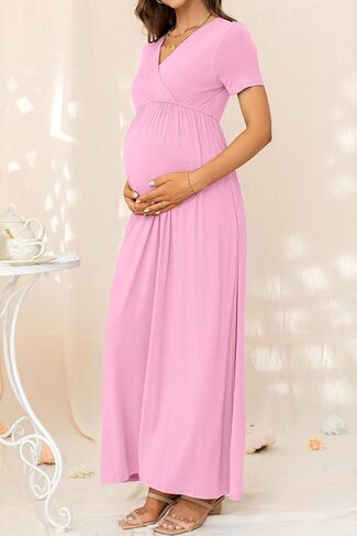 Maternity Nursing Maxi Dress, Short Sleeve Wrap V Neck for Spring Summer Baby Shower Photoshoot Wedding Guest in Saudi Arabia