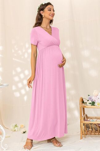 Maternity Nursing Maxi Dress, Short Sleeve Wrap V Neck for Spring Summer Baby Shower Photoshoot Wedding Guest in Saudi Arabia