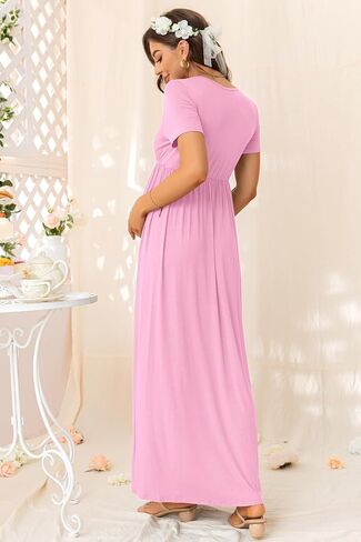 Maternity Nursing Maxi Dress, Short Sleeve Wrap V Neck for Spring Summer Baby Shower Photoshoot Wedding Guest in Saudi Arabia