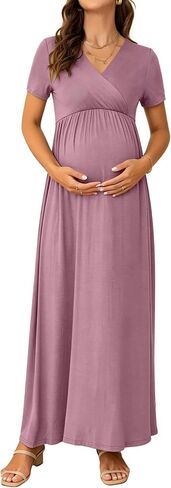 Maternity Nursing Maxi Dress, Short Sleeve Wrap V Neck for Spring Summer Baby Shower Photoshoot Wedding Guest in Saudi Arabia