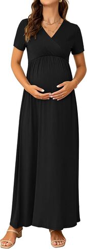 Maternity Nursing Maxi Dress, Short Sleeve Wrap V Neck for Spring Summer Baby Shower Photoshoot Wedding Guest in Saudi Arabia