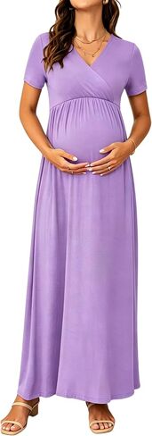 Maternity Nursing Maxi Dress, Short Sleeve Wrap V Neck for Spring Summer Baby Shower Photoshoot Wedding Guest in Saudi Arabia
