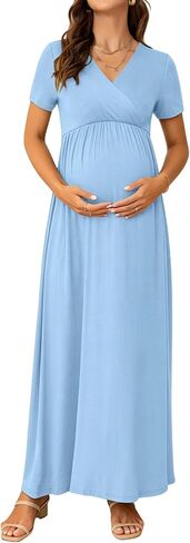 Maternity Nursing Maxi Dress, Short Sleeve Wrap V Neck for Spring Summer Baby Shower Photoshoot Wedding Guest in Saudi Arabia