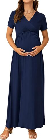 Maternity Nursing Maxi Dress, Short Sleeve Wrap V Neck for Spring Summer Baby Shower Photoshoot Wedding Guest in Saudi Arabia