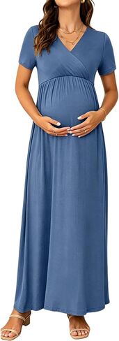 Maternity Nursing Maxi Dress, Short Sleeve Wrap V Neck for Spring Summer Baby Shower Photoshoot Wedding Guest in Saudi Arabia