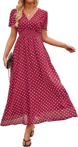 Polka Dot Dress for Women 2026 Summer V Neck Empire Waist Chiffon Maxi Long Dresses with Pockets Wedding Guest Party Beach in Saudi Arabia