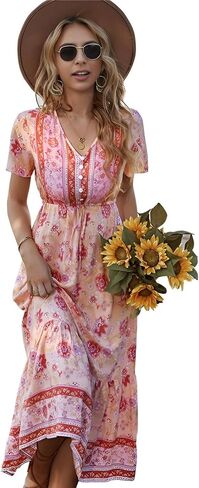 Roll Up Women's Bohemian Spring Summer Colorful Floral Printed Vintage Boho Red Blue Green Beach Casual Slit Long Maxi Dress in Saudi Arabia