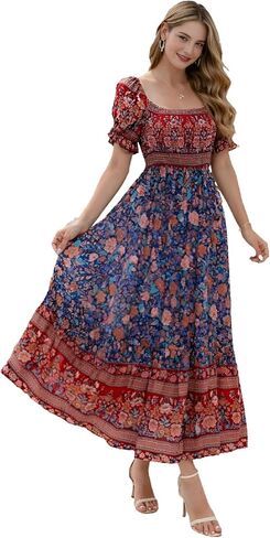 Roll Up Women's Bohemian Spring Summer Colorful Floral Printed Vintage Boho Red Blue Green Beach Casual Slit Long Maxi Dress in Saudi Arabia