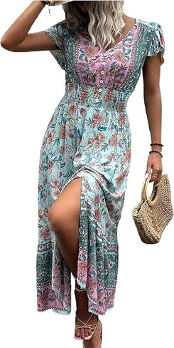 Roll Up Women's Bohemian Spring Summer Colorful Floral Printed Vintage Boho Red Blue Green Beach Casual Slit Long Maxi Dress in Saudi Arabia