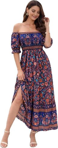 Roll Up Women's Bohemian Spring Summer Colorful Floral Printed Vintage Boho Red Blue Green Beach Casual Slit Long Maxi Dress in Saudi Arabia
