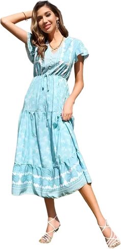 Roll Up Women's Bohemian Spring Summer Colorful Floral Printed Vintage Boho Red Blue Green Beach Casual Slit Long Maxi Dress in Saudi Arabia