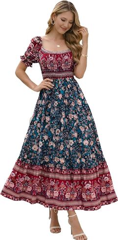 Roll Up Women's Bohemian Spring Summer Colorful Floral Printed Vintage Boho Red Blue Green Beach Casual Slit Long Maxi Dress in Saudi Arabia