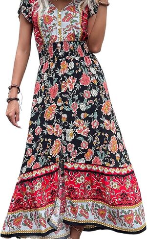 Roll Up Women's Bohemian Spring Summer Colorful Floral Printed Vintage Boho Red Blue Green Beach Casual Slit Long Maxi Dress in Saudi Arabia