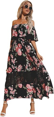 Roll Up Women's Bohemian Spring Summer Colorful Floral Printed Vintage Boho Red Blue Green Beach Casual Slit Long Maxi Dress in Saudi Arabia