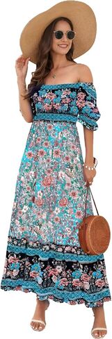Roll Up Women's Bohemian Spring Summer Colorful Floral Printed Vintage Boho Red Blue Green Beach Casual Slit Long Maxi Dress in Saudi Arabia