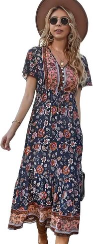 Roll Up Women's Bohemian Spring Summer Colorful Floral Printed Vintage Boho Red Blue Green Beach Casual Slit Long Maxi Dress in Saudi Arabia