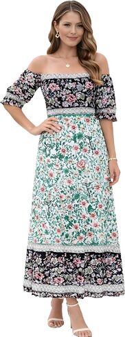 Roll Up Women's Bohemian Spring Summer Colorful Floral Printed Vintage Boho Red Blue Green Beach Casual Slit Long Maxi Dress in Saudi Arabia