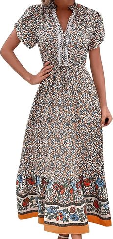 Roll Up Women's Bohemian Spring Summer Colorful Floral Printed Vintage Boho Red Blue Green Beach Casual Slit Long Maxi Dress in Saudi Arabia