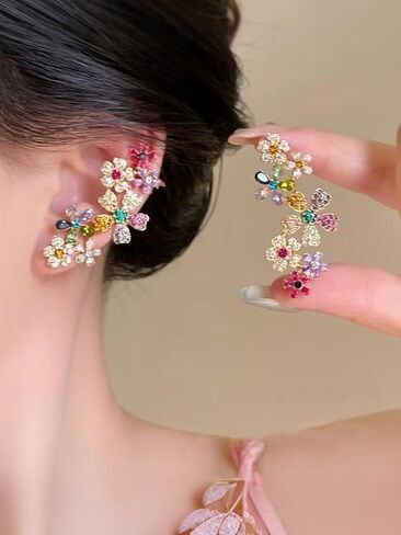 Climber Earrings for Women Multicolor Ear Studs with Ear Cartilage Clip Crystal Clustered Flowers Ear Cuff Earring Statement Floral Crawler Stud Earrings Sparkly Zircon Gemstone Earring in Saudi Arabia